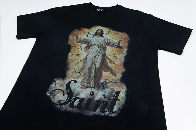 100💰S09#美Chao SAINT white ink direct-injection pure cotton 260g loose short-sleeved T-shirt 15 black, white S-XL